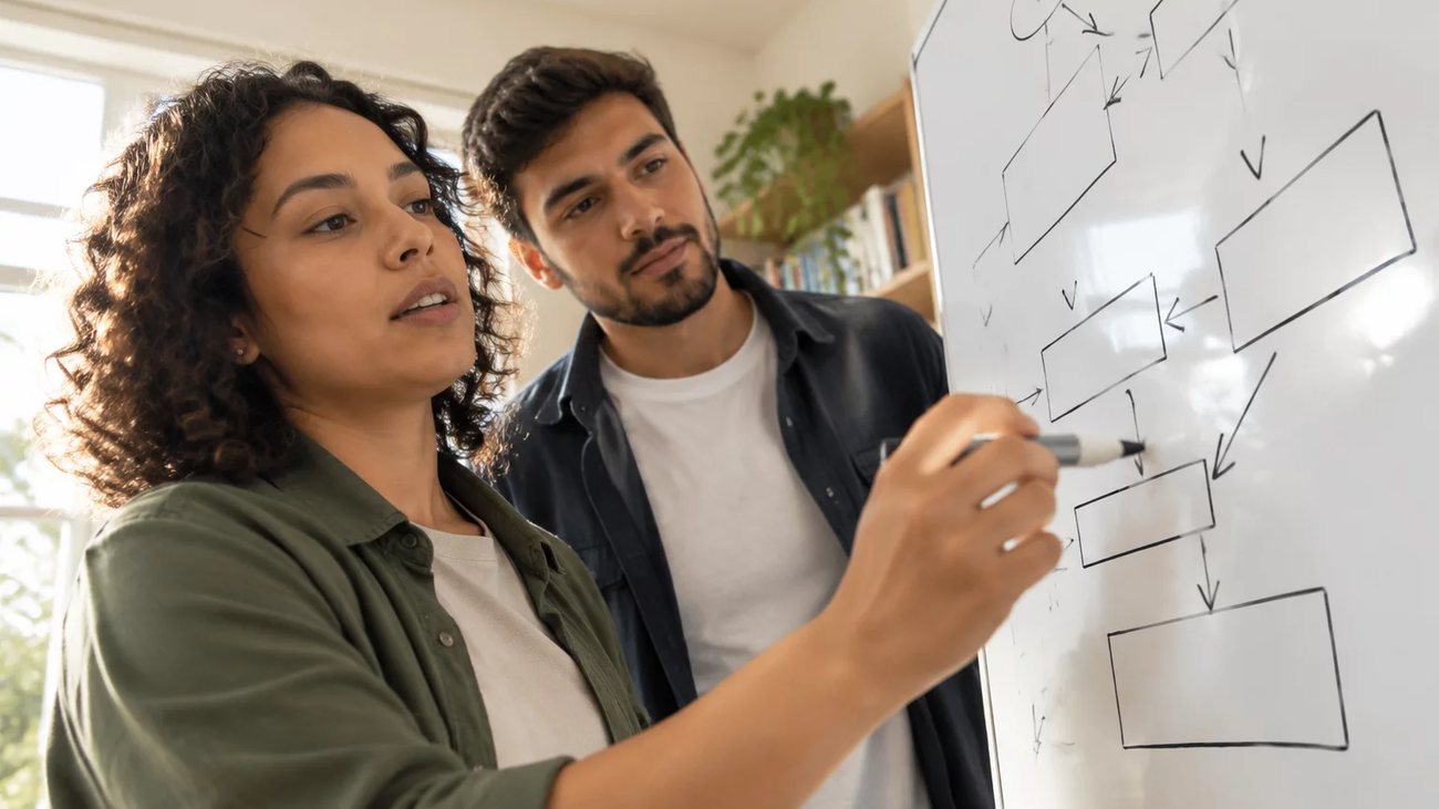 Duas participantes de pé diante do quadro branco, montando um argumento a caneta